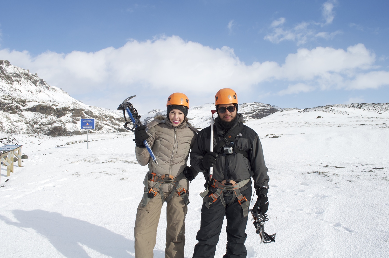 Luis & Sarah wearing the full ice climbing gear.