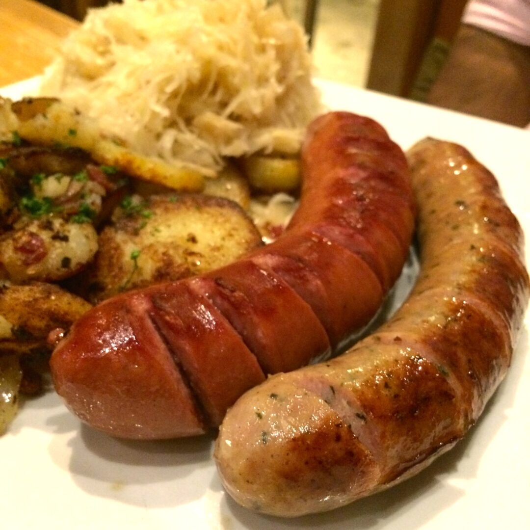 WURST PLATTE: Rattle Snake & Pork Bratwurst (lighter colored) and the Beef Smoked Bratwurst (darker colored) - $15.00