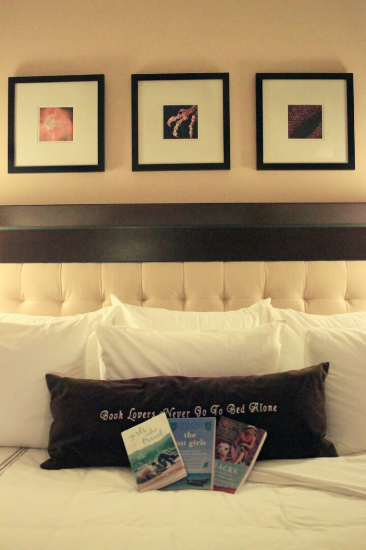 The pillow reads "Book lovers never go to bed alone." Above are framed photos of fossils line the wall. 
