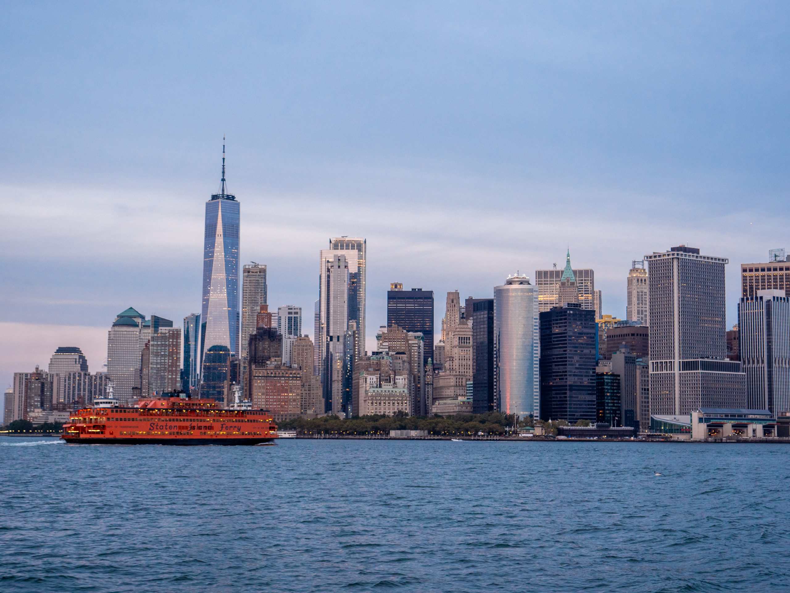 The orange Staten Island ferry departs from Manhattan. Photo by Sarah Funk.