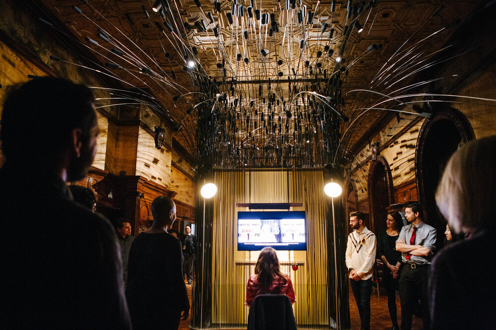 Participants in a Cooper Hewitt Interaction Lab event experience Face Values: Exploring Artificial Intelligence on view at Cooper Hewitt.   Photo: Nikola Photography