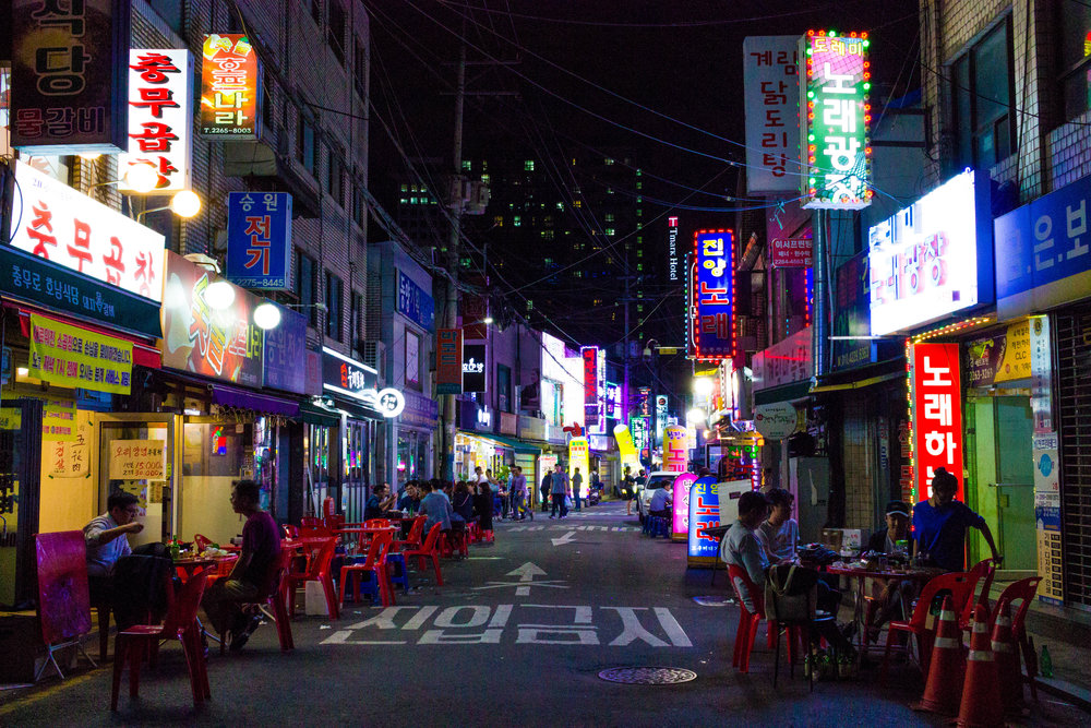 A street in Jongno-Gu lit up on a Monday evening