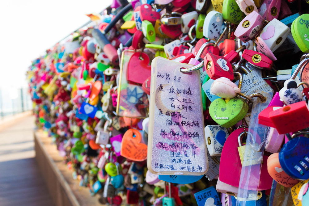 Colorful locks hang at Seoul tower