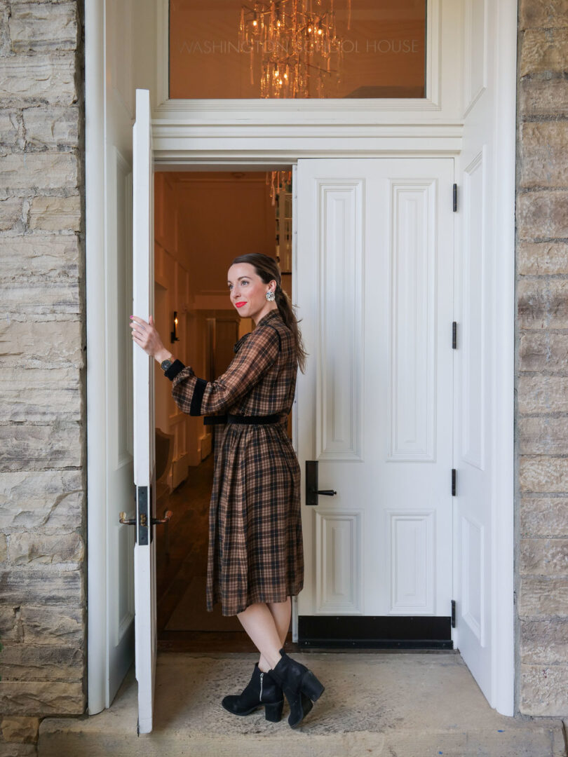 The entrance of Washington School House Hotel. I'm wearing a  W by Worth plaid dress.