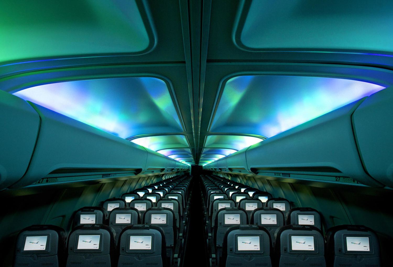 Amazing Hekla Aurora ceiling on Iceland Air plane via Iceland Air